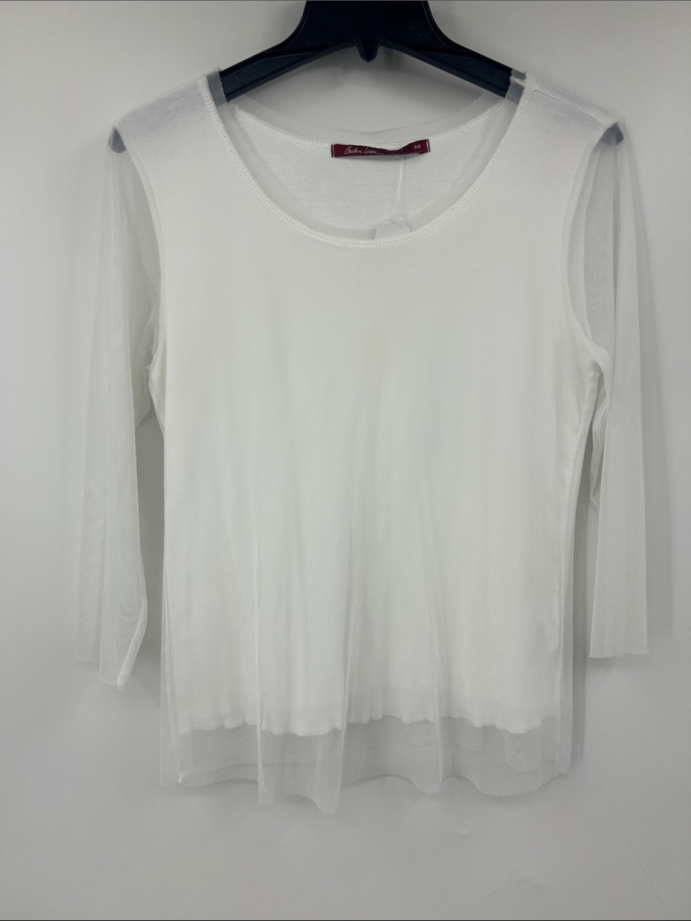 Barbara Lesser White Mesh-Sleeve Women's Top Size M